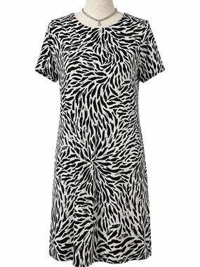 🫶 Michael Kors Zebra Animal Print Shift Dress Black White Stretch Knit Medium